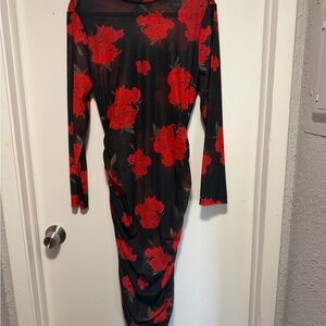SHEIN Black Dress with Red Floral Design